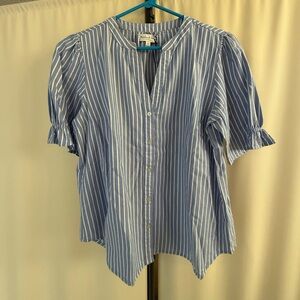 Michael Stars Blue and White Ruffled Mandarin Collar Blouse